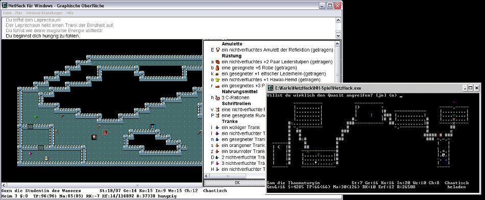 Screenshot von NetzHack, einmal grafisch und 
	einmal TTY